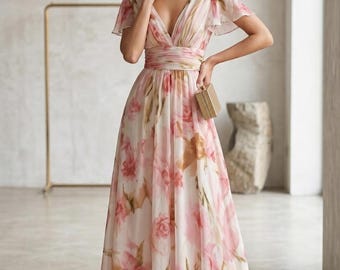 Boho Floral Maxikleid für Frauen - Elegantes Sommerkleid mit V-Ausschnitt, Kurzarm-Partykleid mit hoher Taille, fließendes Frühlings-Boho-Kleid