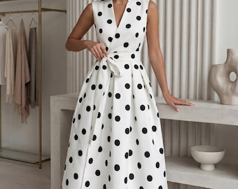 Elegant Polka Dot Midi Dress for Women – Vintage French Style Summer Dress, Sleeveless V-Neck Lace Up Waist Dress, Retro A-Line Party Dress