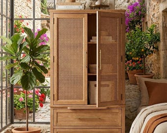 Handmade Rattan Cane Wooden Cabinet, Boho Storage Cupboard, Modern Rustic Furniture
