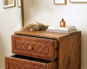 Mid Century Modern Nightstand – Quilted Leather Drawer Fronts, Solid Mango Wood Bedside Table
