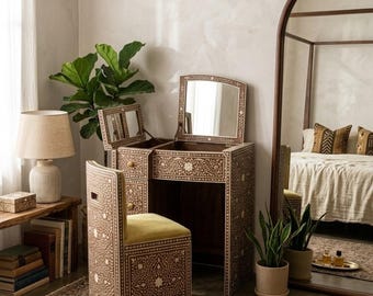 Handmade Bone Inlay Vanity Desk with Stool and Mirror, Brown Floral Inlay Makeup Table