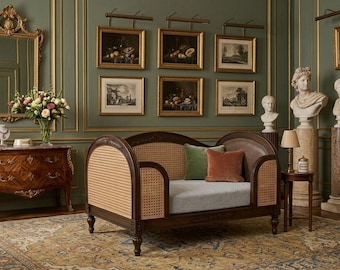 Handcrafted Walnut Dog Bed, Cane Webbing Daybed, Carved Pet Furniture, Neoclassical Style Sofa