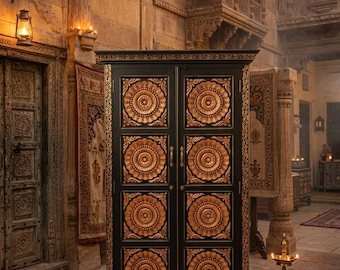 Hand-Carved Mandala Armoire – Black Gold Boho Indian Floral Cabinet Wardrobe