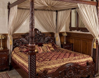 Handgeschnitztes Massivholz Himmelbett, Himmelbett, im antiken Stil König Königin Möbel