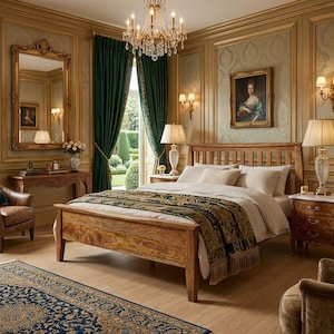 Pode incluir: Um quarto luxuoso com uma cama de madeira, adornado com um cobertor estampado e roupa de cama branca. O quarto apresenta paredes com molduras douradas, cortinas verdes, um candelabro e um grande espelho, criando um ambiente elegante e clássico.