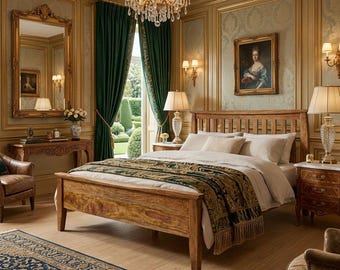 Estructura de cama de plataforma de madera maciza, cabecero de listones, muebles rústicos modernos.