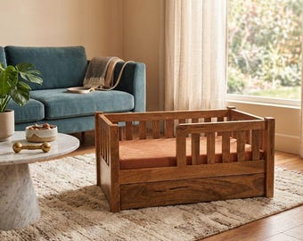 Solid Wood Dog Bed with Storage Drawer, Rustic Pet Furniture, Cushioned Couch