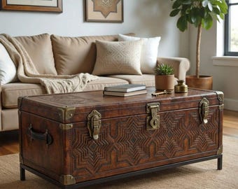 Carved Wooden Trunk Coffee Table, Geometric Storage Chest, Boho Living Room Accent