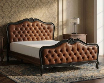 タフテッドレザーベッドフレーム、手作りの木製ベッド、クラシックな寝室家具