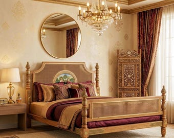 Hand Carved Wooden Bed Frame Cane Panel, Gold Accents | Indian Heritage King/Queen Bed