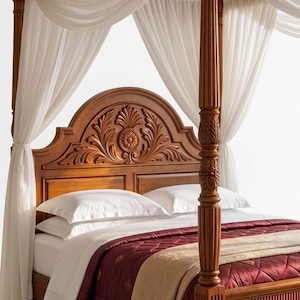Cama con dosel de madera maciza tallada a mano, mueble de dormitorio de lujo tradicional.