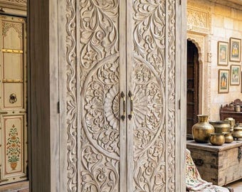 Hand Carved Wooden Armoire Wardrobe | White Distressed Floral Cabinet, Boho Storage Closet