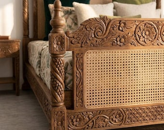 Hand Carved Wooden Cane Bed Frame, Vintage Boho Rattan Poster Bed
