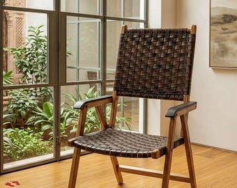 Handwoven Leather Solid Wood Armchair, Modern Rustic Accent Chair