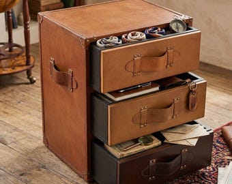 Vintage Trunk Bedside Table, Solid Wood 3 Drawer Cabinet, Leather Straps