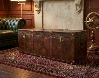 Vintage Leather Trunk Coffee Table – Steamer Storage Chest, Brass Hardware