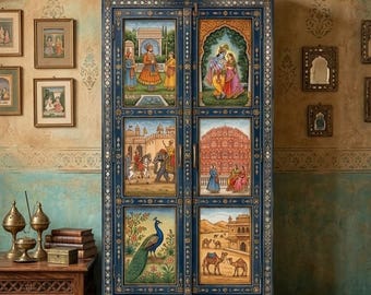 Hand Painted Indian Cabinet | Blue Wooden Wardrobe, Mughal Art Furniture, Peacock Scene Almirah