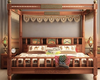 Hand Carved Wooden Canopy Bed | Traditional Indian Poster Bed, King Size Solid Wood Frame