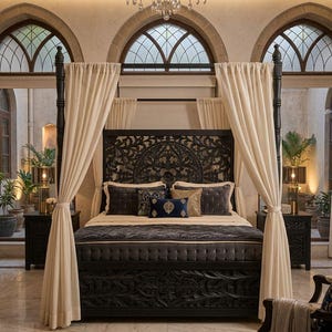 Puede incluir: Una cama con dosel de madera oscura tallada con cortinas color crema. La cama tiene ropa de cama gris oscuro y almohadas decorativas. La habitación cuenta con ventanas arqueadas, una lámpara de araña y mesitas de noche a juego.