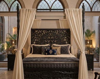 Hand Carved Solid Wood King Canopy Bed, Floral Boho Master Bedroom Furniture