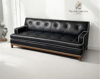 Mid Century Modern Black Leather Tufted Sofa, 3-Seater Wooden Base Couch