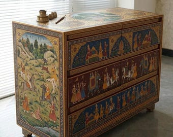 Hand Painted Mughal Dresser, Indian Wooden Chest, Rajasthani Peacock Cabinet, Handmade Storage Furniture