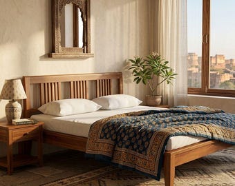 Solid Wood Mid-Century Modern Platform Bed, Slatted Headboard, Handmade Bedroom Furniture