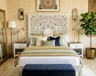 Hand Carved King Bed Frame, Distressed White Mandala Headboard, Bohemian Wood Platform Bed