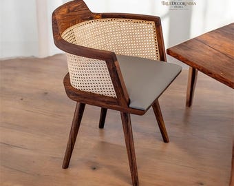 Mid-Century Modern Solid Wood Cane Dining Chair, Scandinavian Armchair