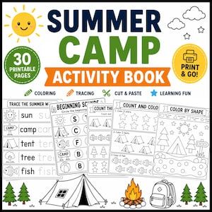 May include: A colorful illustration for a summer camp activity book. The cover features a smiling sun, the words "Summer Camp Activity Book," and icons for coloring, tracing, cut & paste, and learning fun. Includes 30 printable pages.