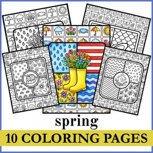 Puede incluir: Una colección de diez páginas para colorear con temática de primavera. La imagen central presenta botas de agua amarillas llenas de flores coloridas. Las páginas circundantes muestran varios elementos primaverales como lluvia, paraguas y mariquitas. Se muestran las palabras "spring" y "10 COLORING PAGES".