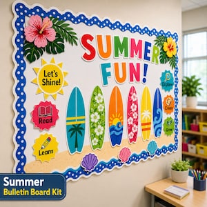 May include: A colorful summer-themed bulletin board kit with the words "SUMMER FUN!" and decorative surfboards, flowers, and seashells. Includes the text "Let's Shine!", "Read", "Learn", "Explore", "Create", and "Grow". The kit is bordered with a blue and white polka dot trim.