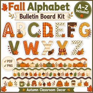 Puede incluir: Un kit de tablón de anuncios con el alfabeto de otoño que incluye las letras A-G y V-Z decoradas con motivos otoñales como calabazas, hojas y bellotas. Incluye tres bordes festoneados con patrones estacionales, tazas y gorros. Texto: Fall Alphabet.