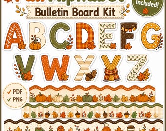 May include: A Fall Alphabet Bulletin Board Kit featuring letters A-G and V-Z decorated with autumn motifs like pumpkins, leaves, and acorns. Includes three scalloped border strips with seasonal patterns, coffee mugs, and hats. Text reads Fall Alphabet.