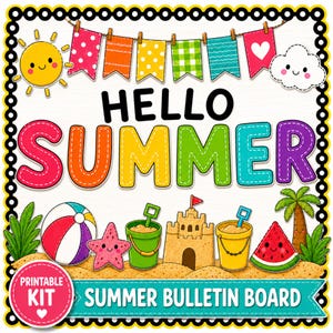 以下が含まれることがあります： 虹色の「HELLO SUMMER」の文字が入った、カラフルな夏のテーマの掲示板キット。笑顔の太陽、ビーチボール、ヒトデ、砂のお城、バケツ、スイカ、装飾バナーが含まれています。「PRINTABLE KIT」と「SUMMER BULLETIN BOARD」の文字も含まれています。