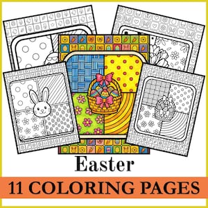 May include: A collection of 11 Easter-themed coloring pages. The pages feature various designs, including Easter eggs, bunnies, and floral patterns. The central page displays a basket of decorated eggs with a pink bow. The text "Easter" and "11 COLORING PAGES" are also visible.