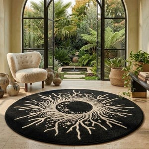 Celestial Sun Round Rug, Black and White Starry Carpet, Mystical Boho Floor Decor, Hand-Tufted Sunburst Accent Mat, Unique Cosmic Room Decor