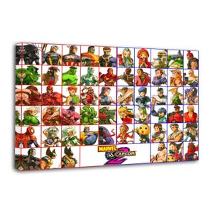May include: A rectangular canvas print featuring a grid of character illustrations from the video game Marvel vs. Capcom 2. The design includes numerous colorful figures in individual squares, with the game logo displayed prominently at the bottom.