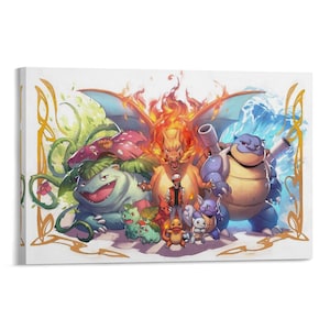 May include: A canvas print featuring a group of colorful cartoon characters. The central figure is a red and orange dragon with flames. Other characters include a blue turtle with cannons, a green plant-like creature, and several smaller creatures.