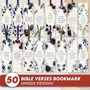 Peut inclure: Ensemble de 50 marque-pages de versets bibliques avec des motifs floraux uniques. Chaque marque-page présente un verset différent, avec une bordure florale décorative et un ruban. Le texte "50 Bible Verses Bookmark Unique Designs" est également visible.
