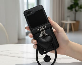 Luxury Black Z Flip Case with Heart Pendant | Leather Strap Samsung Galaxy Z Flip 7 6 5 Protective Cover