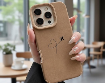 Airplane Route Heart iPhone Case | Travel Love Faux Leather Phone Cover | Cute Map Design Case for iPhone 17 16 15 14 13 12 11 Pro Max