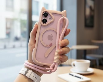 Cat Ear MagSafe iPhone Case | Clear TPU Wrist Strap Cover, Shockproof Kawaii Phone Case