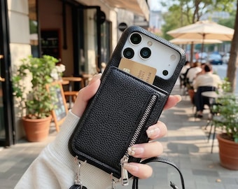 Crossbody iPhone Case with Zipper Wallet & Mirror | Card Holder Strap Cover