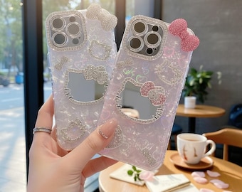 Hello Kitty Mirror iPhone Case | 3D Cute Cartoon Glitter Makeup Case | Shockproof Hard Cover for iPhone 17 16 15 14 13 12 Pro Max