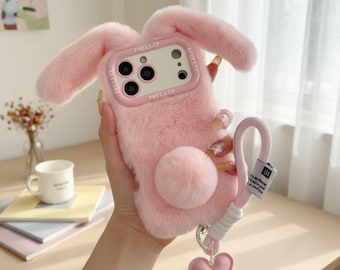 Cute Bunny Plush iPhone Case with Lanyard | 3D Rabbit Ear Furry Phone Cover for iPhone 17 16 15 14 13 12 11 Pro Max