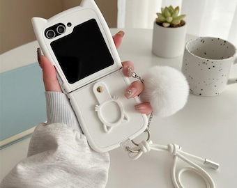 3D Cat Ear Z Flip Case with Ring Holder | Cute 2-Piece Samsung Galaxy Z Flip 7 6 5 4 3 Protective Cover Gift