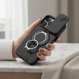 May include: Black phone case with a sliding camera cover and a silver ring holder. The case is held in a hand, showcasing its design and functionality. The case appears to be made of a durable material.