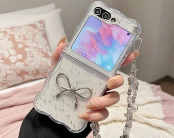 Korean 3D Bow Glitter Z Flip Case | Cute Clear Phone Case with Silver Foil for Samsung Galaxy Z Flip 7 6 5 4 3