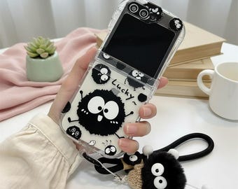 Cute Plush Coal Ball Z Flip Case with Lanyard | Kawaii Airbag Hinge Cover for Samsung Galaxy Z Flip 6 5 4 3